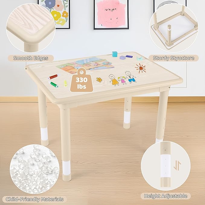Kids Table and 4 Chairs Set, Height Adjustable (17.7"-26.1") Toddler Table and Chair Set, Multi-Activity Table with Graffiti Desktop, Children’s Table and Chairs for Classroom, Home & Daycare