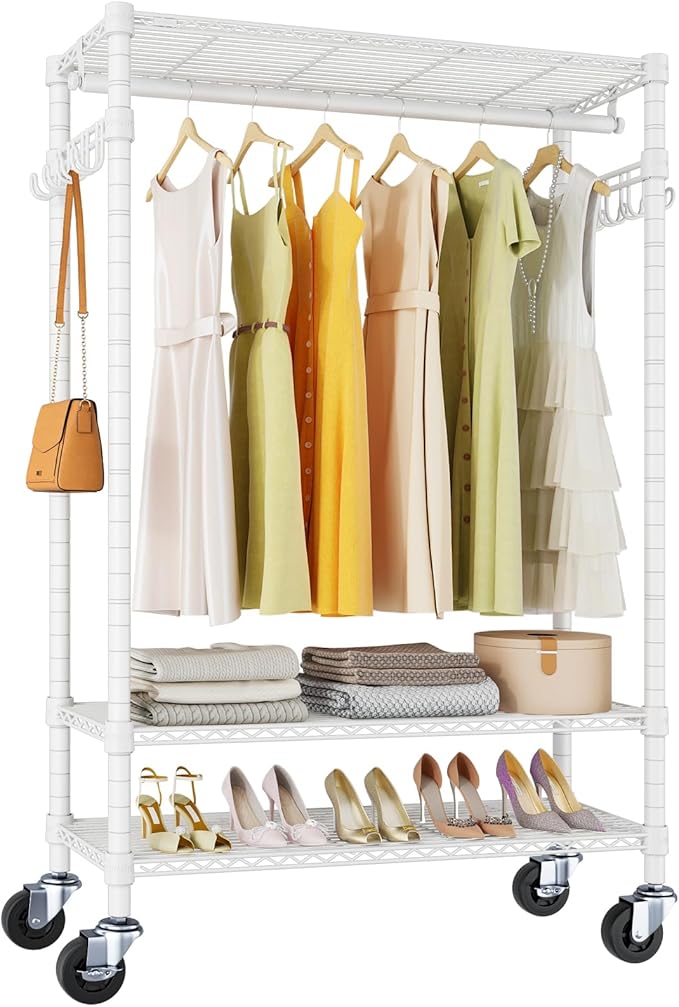 VIPEK R3 Rolling Clothing Rack Heavy Duty Garment Rack for Hanging Clothes, Portable Closet Wardrobe with Wheels and Side Hooks, Adjustable Freestanding Metal Clothes Rack with Shelves, White