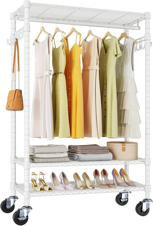 VIPEK R3 Rolling Clothing Rack Heavy Duty Garment Rack for Hanging Clothes, Portable Closet Wardrobe with Wheels and Side Hooks, Adjustable Freestanding Metal Clothes Rack with Shelves, White
