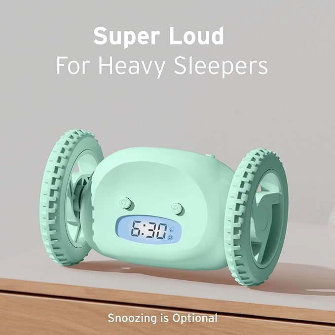 CLOCKY Extra Loud Alarm Clock for Heavy Sleepers on Wheels Rolls Runs Away Vibrating, Easy to Set Super Smart Snooze Digital Bed Shaker Alarm Clock Funny Gift for Adults Kids Teens Bedrooms (Mint)