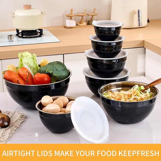 Black Mixing Bowls with Airtight Lids, Stainless Steel Nesting Mixing Bowls Set of 7, Ideal for Baking, Prepping and Serving Food, Size 7, 3.6, 2.7, 2.1, 1.5, 1.1,0.8 QT, Stackable Design