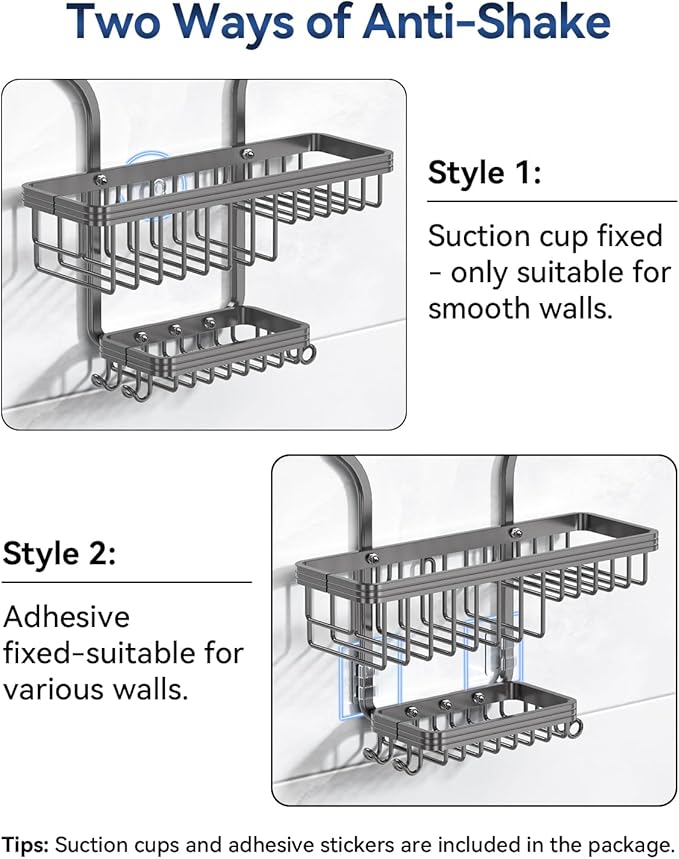 YASONIC Shower Caddy Hanging - Never Rust Organizer - Aluminum over The head caddy with 10 Hooks for Razor/Sponge - Shower Rack with Soap Basket - Grey