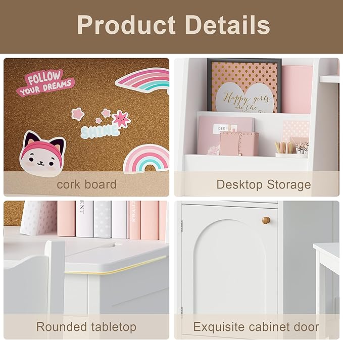 Treocho Kids Study Desk and Chair Set, Kids Desks with Hutch and Tiltable Desktop for 5-12 Years Old, Wooden Children Study Table with Fabric Drawers, Student Writing Desk Bedroom, Home School，White