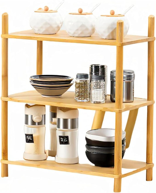 Bamboo Rack | Tool-Free Expandable (2-6 Tiers) | Kitchen Spice Organizer & Office Breakroom Snack/Cup Storage (Natural Bamboo)(Powered by Gogogo) (Natural, 15.6" W(3 Tier))