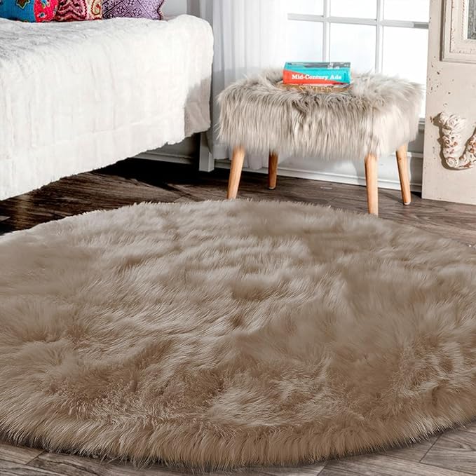 Latepis 8ft Round Light Brown Beige Rugs for Bedroom Fluffy Shag Large Circle Throw Rugs for Living Room Washable Faux Sheepskin Fur Plush Rug Home Decor