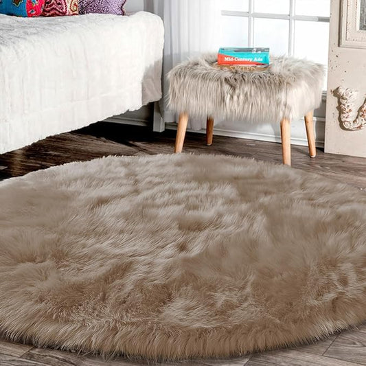 Latepis 8ft Round Light Brown Beige Rugs for Bedroom Fluffy Shag Large Circle Throw Rugs for Living Room Washable Faux Sheepskin Fur Plush Rug Home Decor