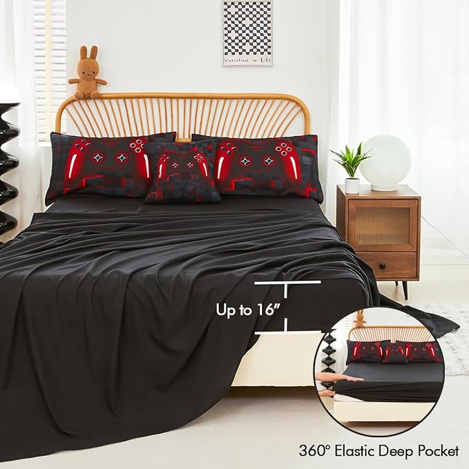 PERFEMET Boys Bedding Set Twin Size 6-Piece Game Console Comforter Set for Kids Teen 3D Black and Red Gamepad Gaming Bed in a Bag Matching Sheet Set(Red, Twin)