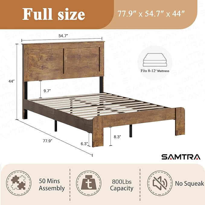 Wooden Bed Frame Full Size with Headboard, Farmhouse Platform Bedframe with Wood Slat Support, Sturdy Framework Bed Frame, Easy Assembly (Rustic Brown)