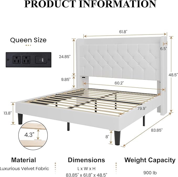 SHA CERLIN Queen Size Platform Bed Frame with Charging Station, Velvet Wingback Headboard with Storage Shelf, Wooden Slats Support, Ample Under-Bed Space, No Box Spring Needed, Easy Assembly, White