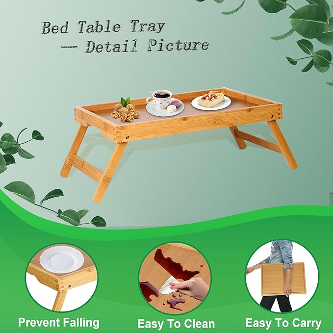 Bamboo Bed Tray Table with Foldable Legs, Breakfast in Bed Tray for Kitchen Serving Tray, Eating, Working, Drawing Tray (2 Pack, Bamboo)