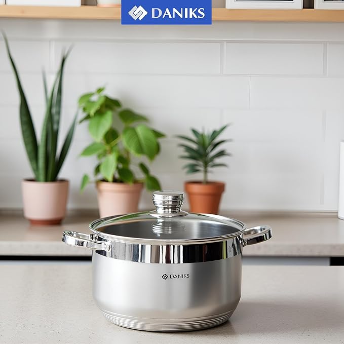 Daniks Standard Stainless Steel Stock Pot with Glass Lid – Induction 7 Quart, Dishwasher Safe, Measuring Scale, For Soup, Pasta, Stew, Silver