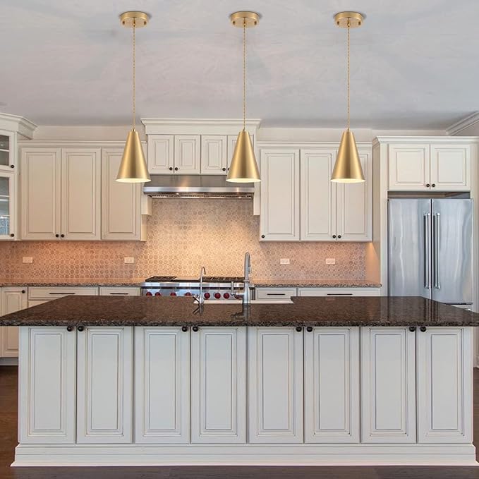 Brass Pendant Lights Kitchen Island,Gold Dining Room Light Fixtures Over Table with Cone Metal Shade, Modern Vintage Mini Chandeliers,Adjustable Cord Hanging Lighting for Bar,Sink.(1 Pack)