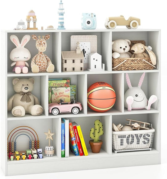 Costzon Wooden Toy Storage Organizer, 10-Cube Kids Bookshelf w/ 2 Anti-Toppling Kits, 3 Tier Open Shelves & Non-Slip Foot Pads, Book Shelf for Kids Rooms, Playroom, Classroom, Nursery (White)