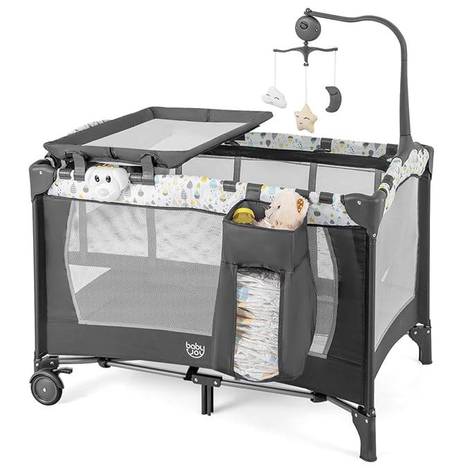 BABY JOY 3 in 1 Pack and Play, Portable Baby Playard with Bassinet, Changing Table, Lockable Wheels, Glowing Music Box, Travel Baby Crib Bassinet Bed from Newborn to Toddler