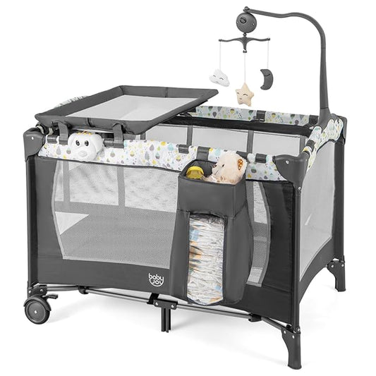 BABY JOY 3 in 1 Pack and Play, Portable Baby Playard with Bassinet, Changing Table, Lockable Wheels, Glowing Music Box, Travel Baby Crib Bassinet Bed from Newborn to Toddler