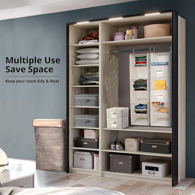 2 Pack 6 Shelves Hanging Closet Organizer with 2 Drawer, Hanging Storage with 4 Side Pockets for Clothes Shoes, 43.5"x12"x12"(Beige)