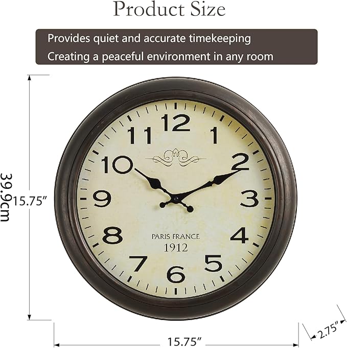 16 Inch Vintage Wall Clock, Silent Non-Ticking Quartz Battery Operated Decorative Clock for Home, Kitchen, Living Room, Dining Room, Office, Antique Brown Arabic Number
