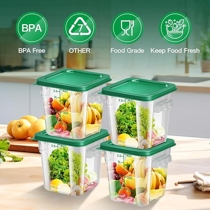 4 pcs 4qt Food Storage Containers with Lid, Square Clear Commercial Food Storage Containers with Handle and Scale for Food Storage in Home Kitchen & Dining (Green)