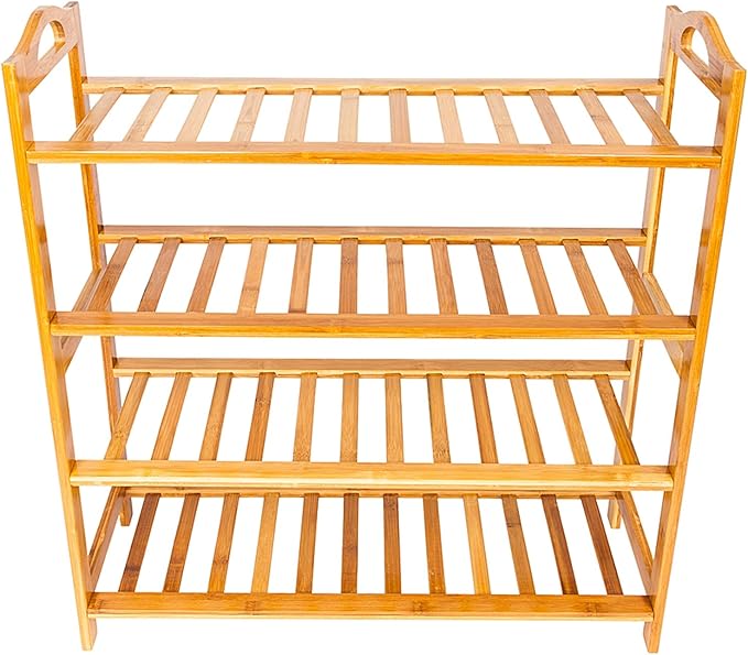 4-Tier Open Bamboo Shoe Rack Concise 12-Strip 4 Tiers Spacious Storage Shelf Stable Elegant Shoe Shelf Organizer Holds up to 44lbs for Entryway, Bedroom, Living Room, Kitchen (Wood Color)