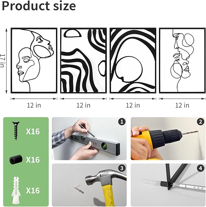 Art3d Metal Wall Art, Set of 4 Black Wall Decor for Living Room Bedroom Hallway Dining Room, Line Art Wall Décor, Life and Romance Story theme Minimalist Wall Art Style