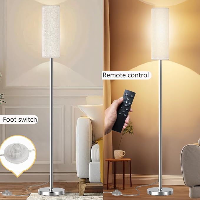 Floor Lamp for Living Room Bedroom, Modern Floor Lamp with Remote,Stepless Dimmable,Nickel Pole and Beige Linen lampshade （12W Bulb Included）