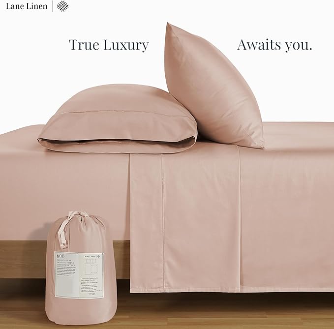 LANE LINEN Queen Sheet Sets – Natural 100% Cotton 600 Thread Count Cooling Sheets Queen, Soft Comfort for Restful Sleep, Easy Care & Machine Washable for Everyday Use, 15" Deep Pocket – Sepia Rose