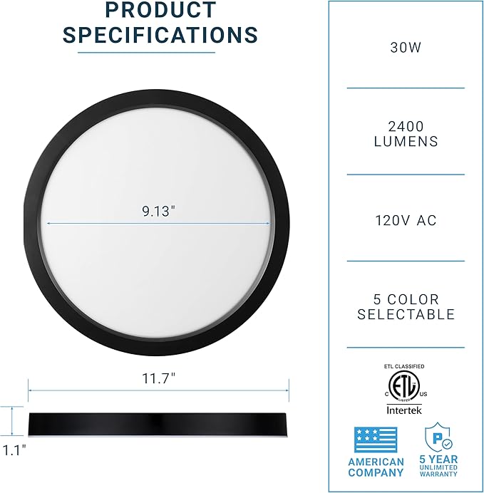 PARMIDA 12 Inch LED Flush Mount Ceiling Light with Night Light, 30W, ETL, 5 Color Selectable 2700K/3000K/3500K/4000K/5000K, 2400LM, Dimmable, Ultra Thin Round Modern Flat Panel, Black Finish - 4 Pack