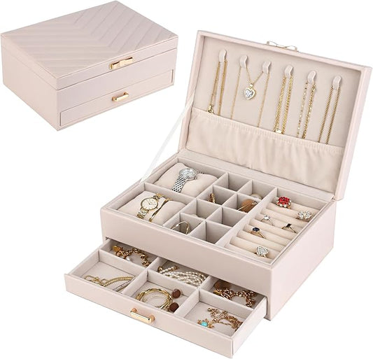 HofferRuffer Jewelry Box with Drawer for Women‌ Girls, Faux Leather Storage Jewelry Organizer Jewelry Case with Two Layers Display for Earrings Rings Necklaces (White)
