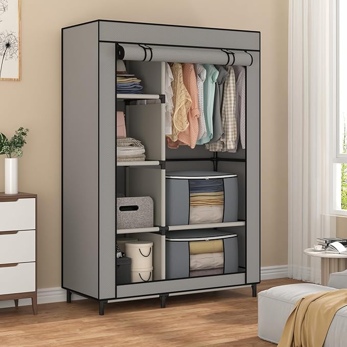 Calmootey Portable Closet, Wardrobe with 6 Shelves and Hanging Rod, Storage Organizer for Bedroom, Non-Woven Fabric Cover with 4 Side Pockets, Includes 2 Storage Bags for Clothes, Grey