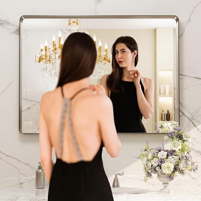 LOAAO 40X24 Inch Brushed Nickel Bathroom Mirror, Rounded Rectangle Silver Metal Frame Mirror, Brushed Nickel, Anti-Rust, Hangs Horizontally or Vertically