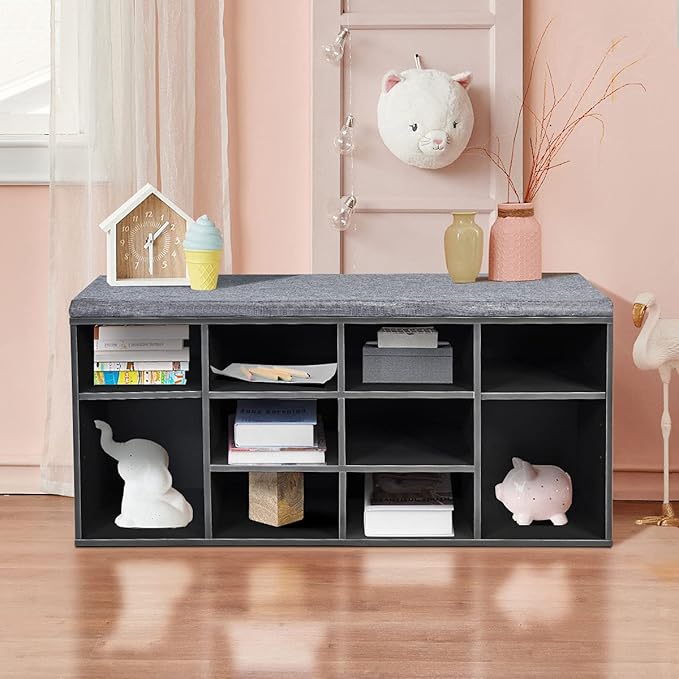 Giantex Shoe Storage Bench with Cushion, Entryway Shoe Rack Bench, Adjustable Shelves, 10-Cubbies Shoe Organizer Bench for Entryway, Living Room, Bedroom, Hallway, Closet, Mudroom (Grey)