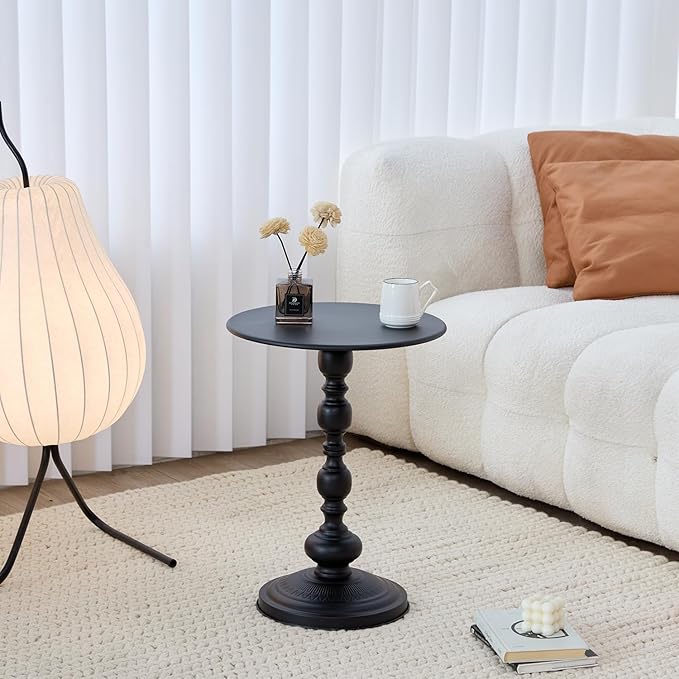 Elegant Vintage Round Side Table with Roman Columns - Sturdy Metal Design, Perfect as a Coffee, End, Tea, or Leisure Table for Living Room and Bedroom Decor,(Black+Black 1pack)