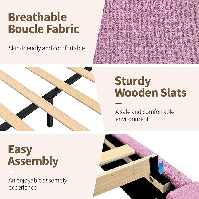 BarnFurin King Size Boucle Bed Frame and Headboard, Cloud Upholstered Platform Bed Frame, Soft Rounded Corners, Modern Style, No Box Spring Required, Easy Assembly, Rose Pink