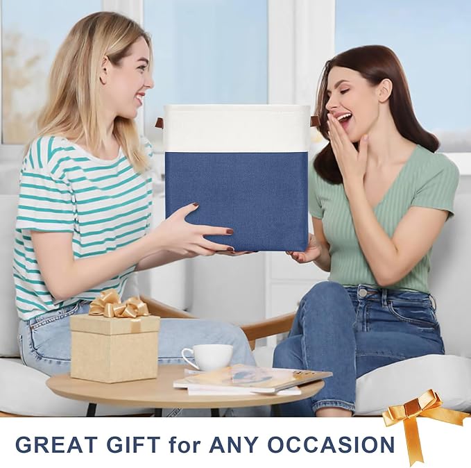 13x13 Cube Storage Bins, Collapsible Fabric Storage Box, 4 Pack Closet Baskets with Handles for Organizing, Shelf, Toys, Clothes, Home, Office, Nursery (NavyBlue&White)