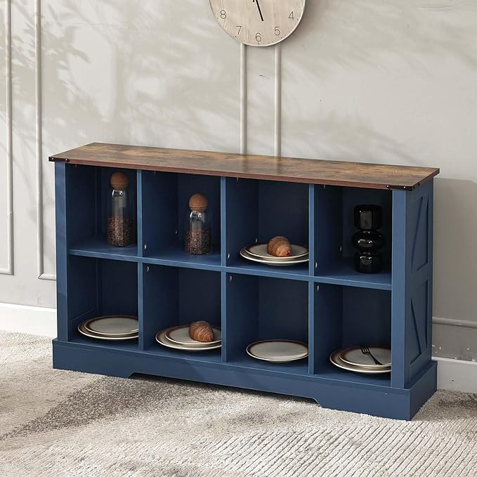 8 Cube Storage Organizer, 2 Tier Bookshelf for Living Room, Farmhouse Bookcase with Led, Kids Toy Storage Cabinet, Wall Cubby Shelves for Home Decor, Wood Display Cabinet for Bedroom, Blue