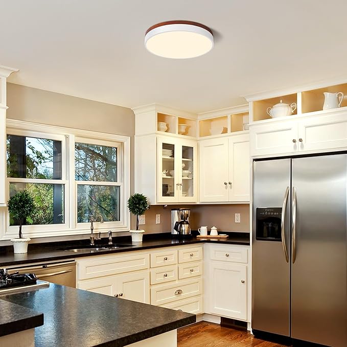 LED Dimmable Flush Mount Ceiling Light Fixture, White and Wood, 5CCT in One, Minimalist Round Ceiling Lamp, Modern Lighting for Kitchen, Bedroom, Hallway, Living Room, 15.7 Inch