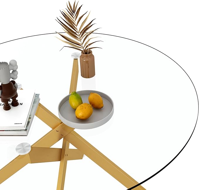 Goujxcy 5 Piece Round Glass Dining Table Set for 4, 47" Round Dining Table & Chair Set Modern Circle Glass Kitchen Table and 4 Velvet Upholstered Chairs for Kitchen Dining (Gold Table & Black Chair)