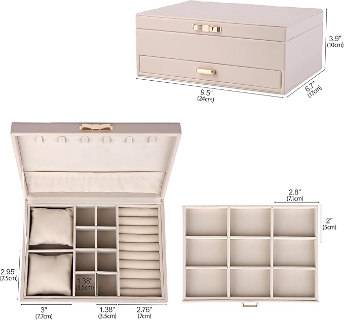 HofferRuffer Jewelry Box with Drawer for Women‌ Girls, Faux Leather Storage Jewelry Organizer Jewelry Case with Two Layers Display for Earrings Rings Necklaces (White)