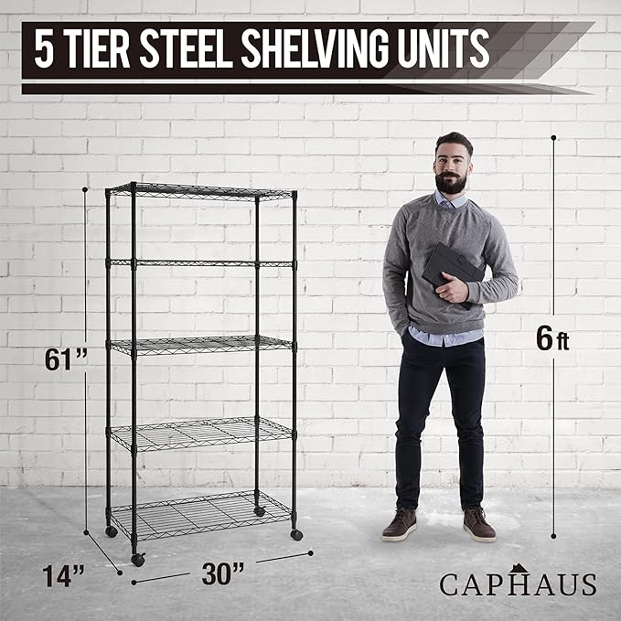 CAPHAUS 3/4/5-Tier Adjustable Height Wire Shelving Unit, Wire Rack Shelving, Metal Steel Storage Shelves, Garage Shelving Storage Organizer, Utility Storage Shelf, 5-Tier With Wheels, Black