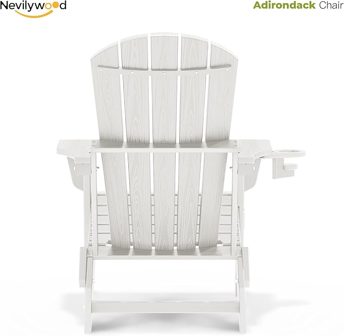 nevilywood Folding Adirondack Chair - Extended Ergonomic Backrest, Cup Holder - Easy Assembly - Durable HDPE Plastic, Weather Resistant & Maintenance-Free - Lawn, Patio, Deck Supports 380lbs White