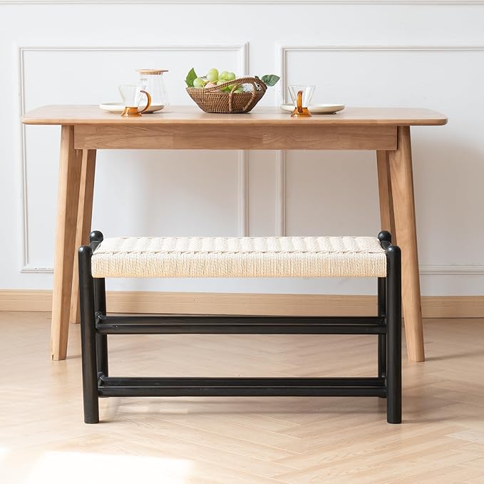 Solid Wood Entryway Bench with Shoe Storage, Rustic Oak Wood and Woven Design 31.5 Inch Long Seating for Living and Dining Rooms, 3-Tier Black