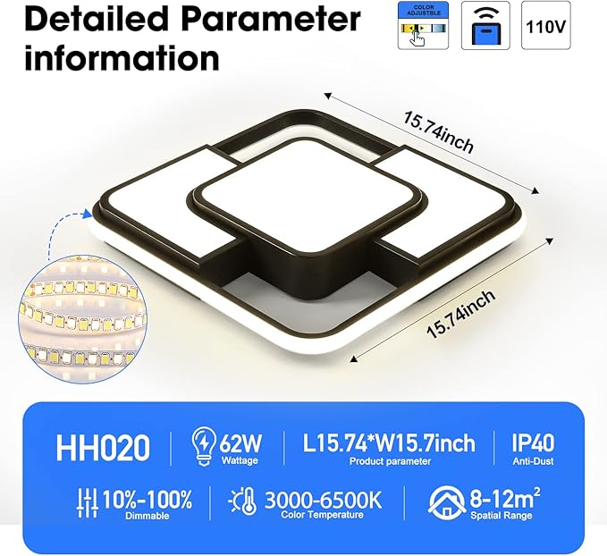 62W Dimmable LED Flush Mount Ceiling Light Fixture with Remote Control, 3000K-6500K 3-Color Chandelier Modern Lamp Black, 15.74inch Close to Ceiling Dining Room Bedroom Square Kitchen Lights