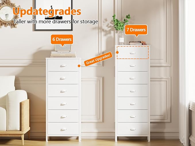 Furnulem White Tall Dresser for Bedroom with 7 Drawers, Vertical Chest of Drawer in Closet, Nightstand Storage Tower Unit Organizer with Fabric Bins for Dorm,Living Room,Entryway,Hallyway