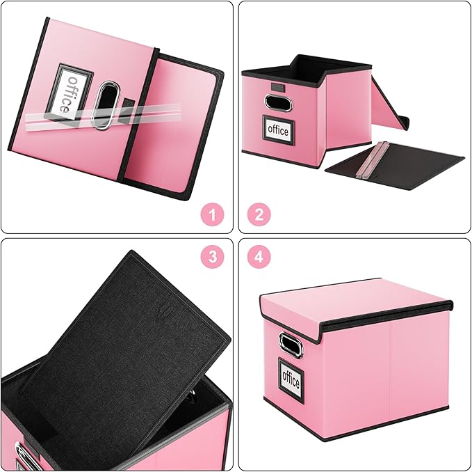 Huolewa Portable Leather File Organizer Boxes with Lids, Office Document Boxes Organizer, Filing Boxes, Decorative Small File Boxes for Hanging Files, File Cabinet for Office/Home - 4 Pack
