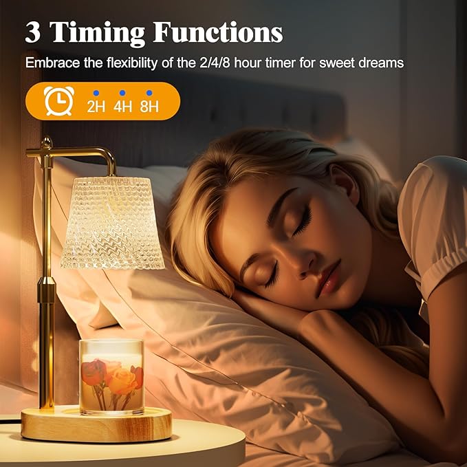 Candle Warmer Lamp with Timer Dimmable - Height Adjustable Candle Warmer for Jar Candles - Birthday Gifts for Women Mom - House Warming Gifts New Home Decor (Wood Base Clear Shade)