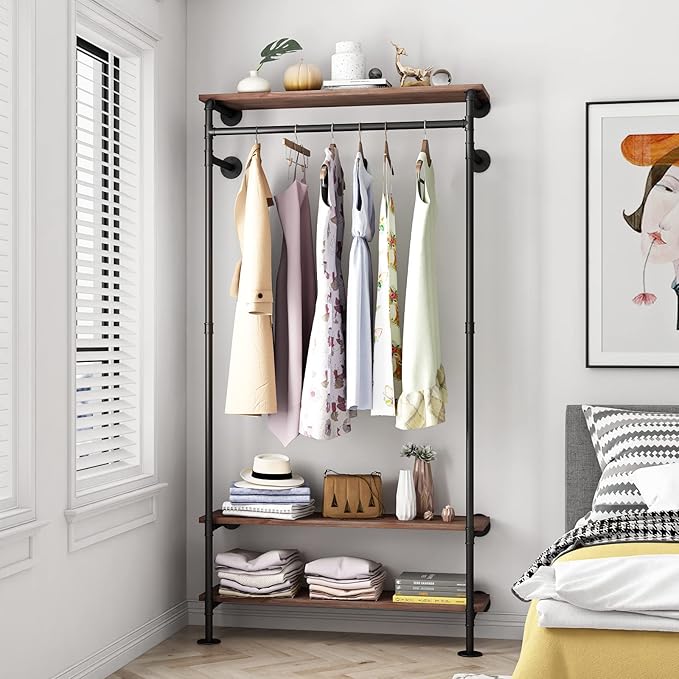 Industrial Pipe Clothing Racks with Shelves, Wall Mounted Clothes Rack for Hanging Rods, Heavy Duty Black Clothing Racks With Three Shelves Retail Display Garment Rack for Home