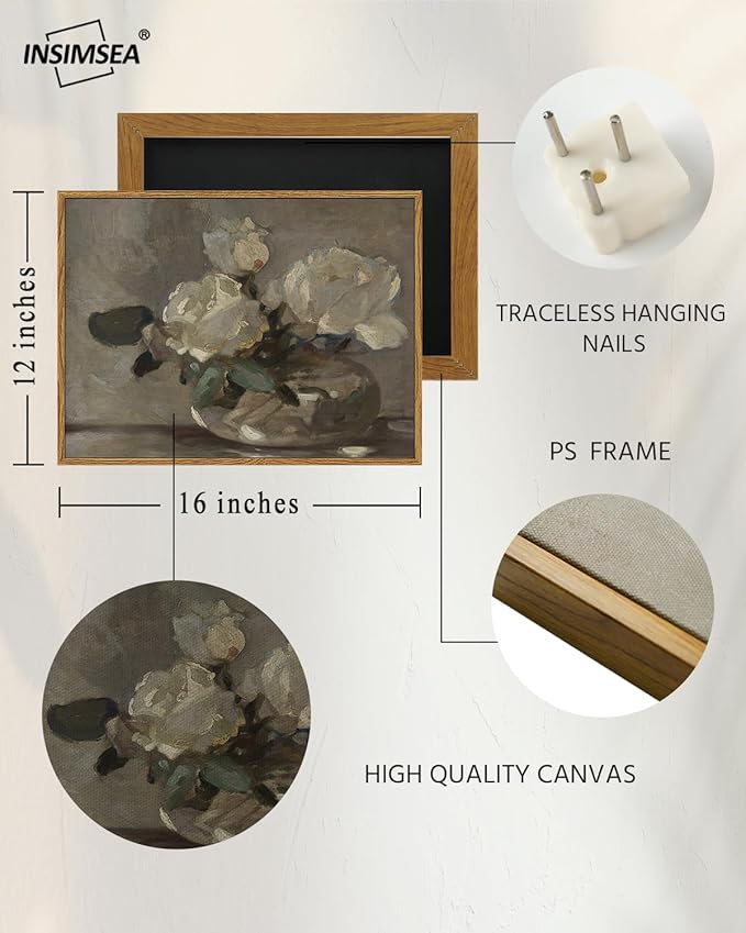 InSimSea Vintage Flower Canvas Wall Art Framed Wall Decorations, Mid Century Modern Wall Decor, Botanical Wall Art for Farmhouse Kitchen Office Bathroom Decor 12X16 Inch, Blumenstillleben