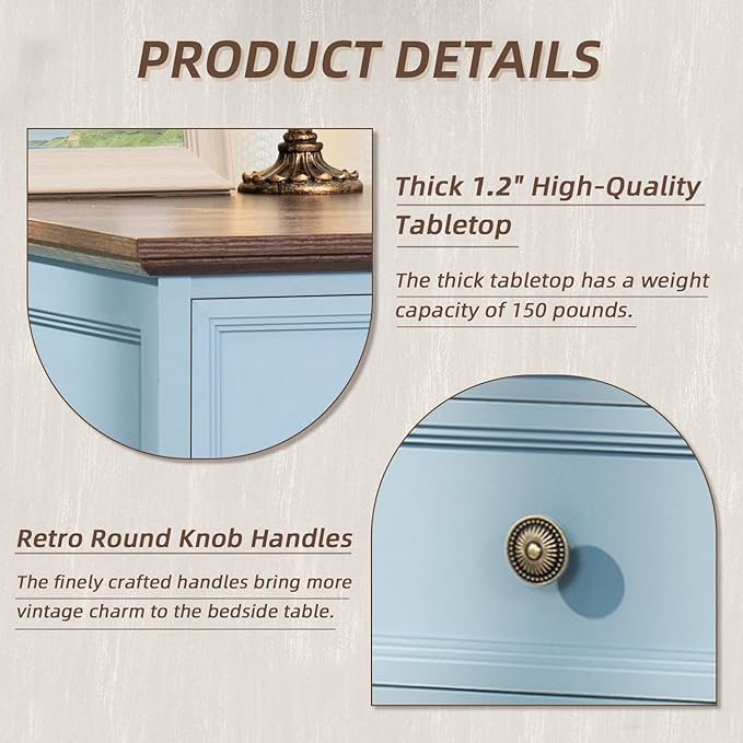 24" Wide Farmhouse Night Stand,Large End Table with 3 Drawers & Metal Handle,Wood Dresser for Bedroom, Bed Side Table Chest of Drawers Cabinet,Light Blue Nightstand for Living Room,Closet