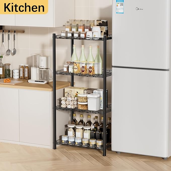 VETALLO 4 Tier Metal Shelving Unit Storage Shelves Rack Utility Small Stand Wire Shelf Cart Organizer for Home Kitchen,Garage,Narrow Pantry,Closet,Laundry,Bathroom(16.6" L x 11.8" W x 40" H)