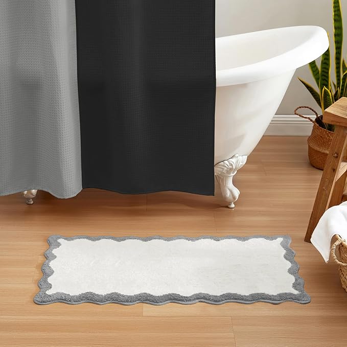 MONDAY MOOSE Bath Mat with Scalloped Wavy Ripple Design, Microfiber Absorbent Non Slip Tufted Rug for Floor, Shower or Kitchen (24x47 inch, Gray)